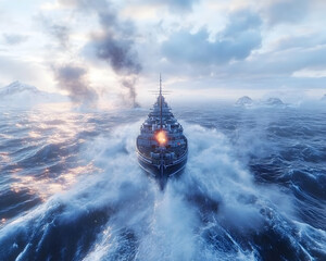 Wartime naval vessel in rough seas