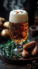 Frothy Beer Glass with Grilled Sausages and Fresh Herbs in Dark Mood