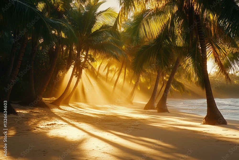 Poster sunlight filters through palm trees on a tranquil beach during the golden hour near the ocean coastl