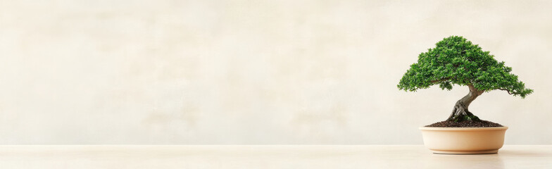 beautiful bonsai tree in simple pot, showcasing intricate foliage and serene atmosphere. This captures essence of nature and tranquility