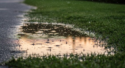 Rainy Day Puddle Reflection - A puddle reflects the sunset after a rain shower, surrounded by lush green grass