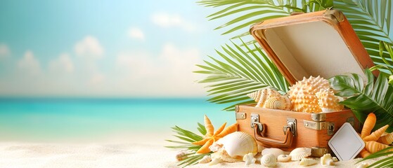 Obraz premium Flat lay summer journey with suitcase sea sand and shells on a beach