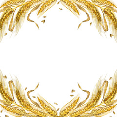 Square frame of ripe wheat ears, leaves and wheat grains. All objects are hand-drawn with yellow watercolor. Watercolor illustration. Suitable for food packaging design, bakeries.