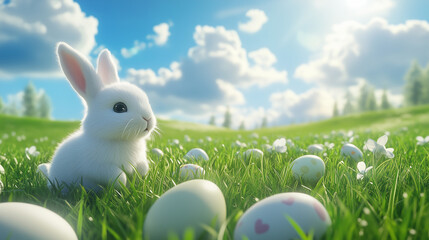 Fototapeta premium Bunny and easter eggs in green grass with blue sky.Copy space.
