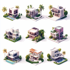 Isometric modern luxury houses, palm trees, pools, gardens, contemporary living.