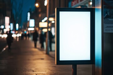 Blank Billboard Advertisement on City Sidewalk at Night with Pedestrians and Cars