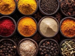 Vibrant Collection of Aromatic Spices in Wooden Bowls, Representing Culinary Delights and Global Flavors. Perfect for Food Blogs, Recipe Websites, and Spice Brand Marketing.