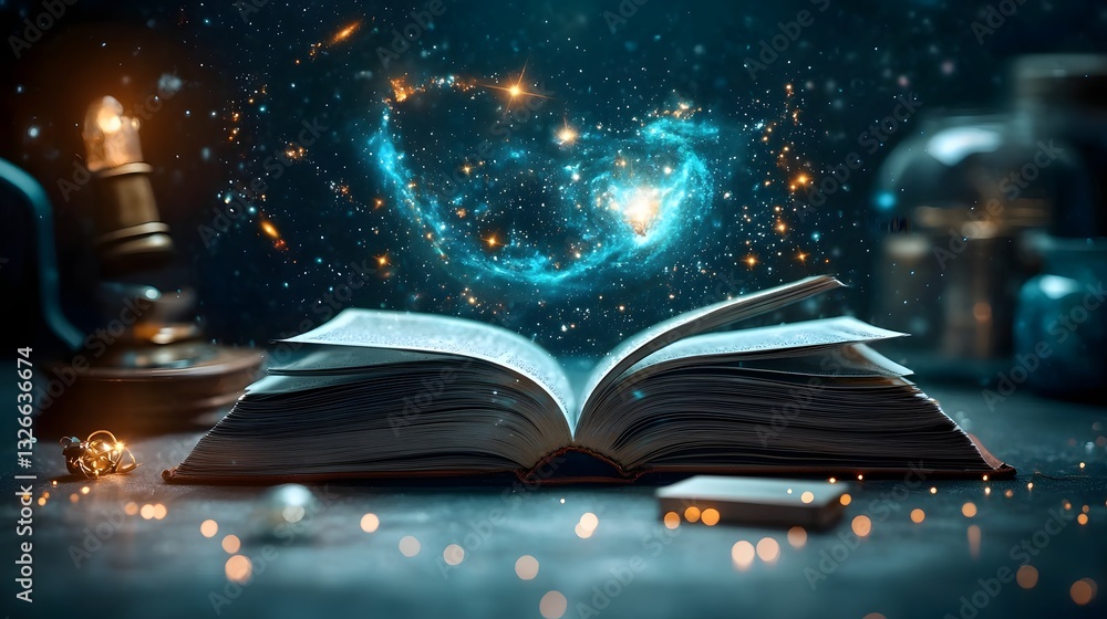 Poster an open book with a miniature galaxy swirling above its pages stars forming captivating constellatio