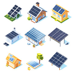 Isometric solar panels on homes and sustainable energy solutions.
