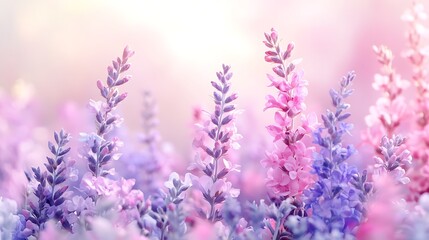 Obraz premium Lavender Flowers in Soft Pink and Purple Hues, Close-up of lavender flowers in soft pink and purple hues with a blurred background