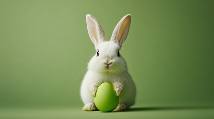 Easter bunny with green painted egg on green background. Easter holiday concept.