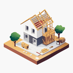 Isometric view of a house under construction, building process concept.