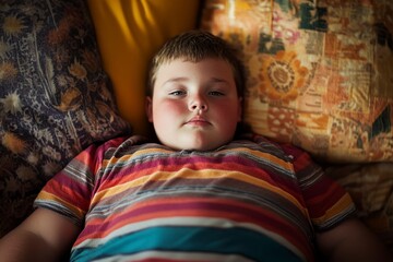 Pensive Boy Resting Between Decorative Pillows in Striped Shirt