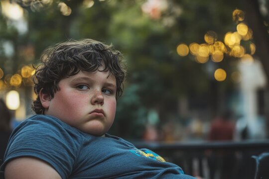 Overweight Preteen Boy Outdoors with Curly Hair and Freckles Looking Away