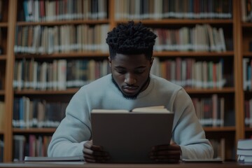 Focused Young Man Reading Book in Library Serious Student Studying Education male person school     