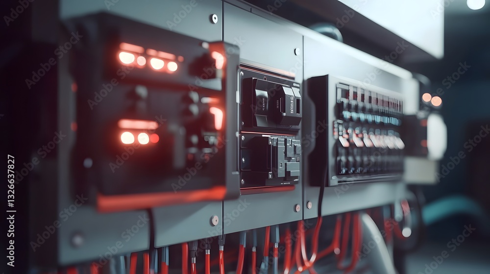 Poster Futuristic server rack blinking with red lights in dark datacenter