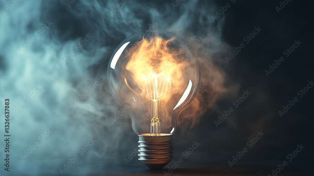 Aufkleber light bulb filament burning with smoke, creating a dramatic atmosphere