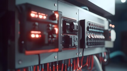 Futuristic server rack blinking with red lights in dark datacenter