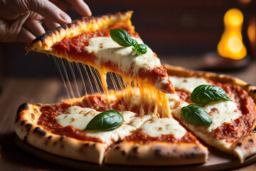Delicious pepperoni pizza slice with melted cheese being held