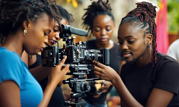 Three diverse filmmakers gather, focusing intently on a professional camera during production on set.