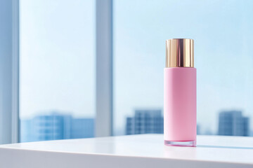 pink cosmetic bottle stands elegantly on white table, reflecting modern aesthetic with soft background of city buildings. serene atmosphere enhances its beauty