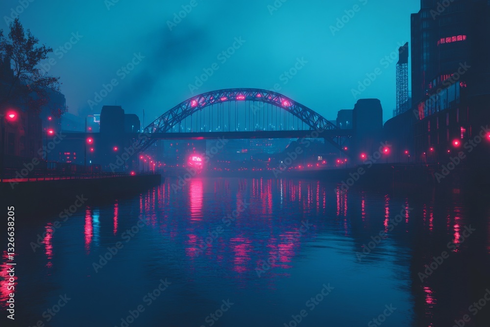 Poster stunning night view of a bridge illuminated by colorful lights over a river in an urban setting