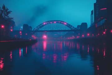 Obraz premium Stunning night view of a bridge illuminated by colorful lights over a river in an urban setting