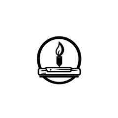 Education Symbol: Candle Flame on Book Icon in Black and White.