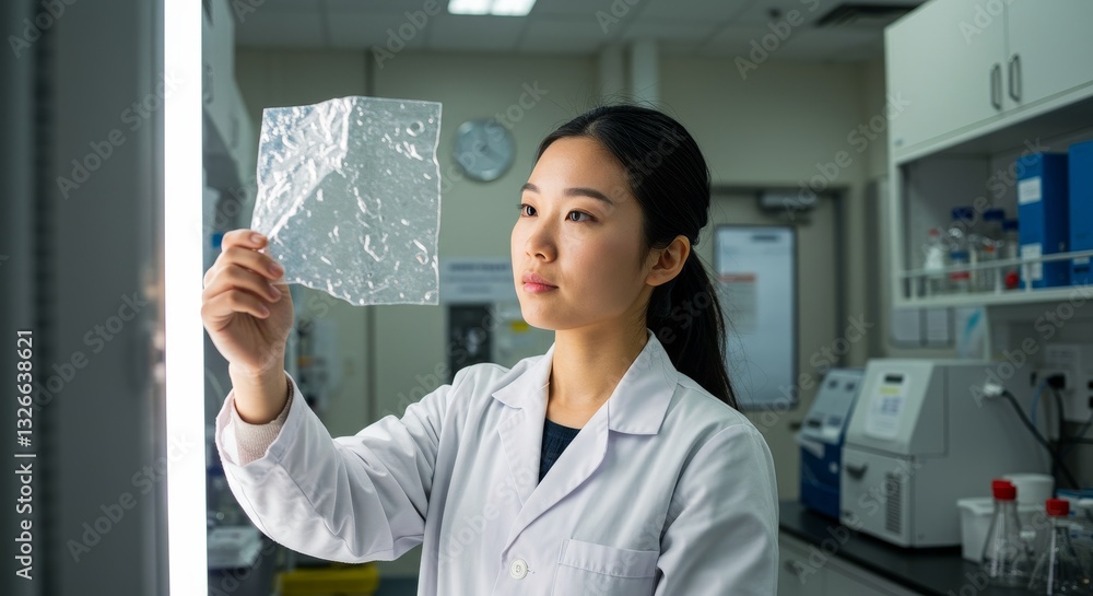 Poster scientist examining transparent material - a female scientist in a lab coat carefully examines a tra