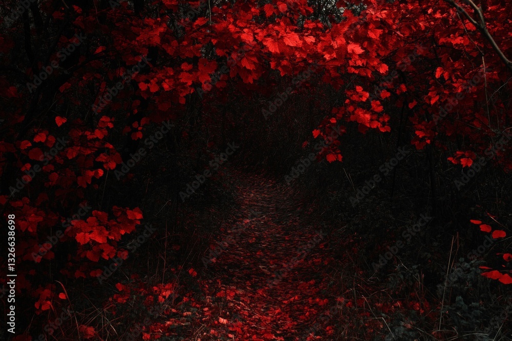 Poster vibrant red foliage frames a serene path in a tranquil forest during autumn