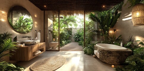 Fototapeta premium Luxury Tropical Bathroom Interior with Private Garden Oasis