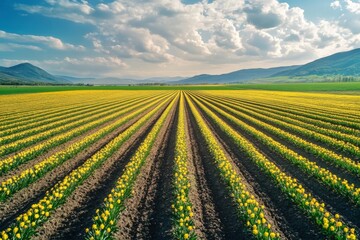 Vibrant yellow tulip field stretches across the landscape under a bright blue sky