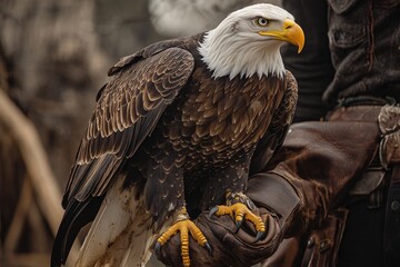 Fototapeta premium A bald eagle perched on a cowboy’s gloved hand, set in the Wild West