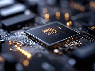 close up view of microchip on circuit board, showcasing intricate details and glowing lights, representing advanced technology and digital innovation