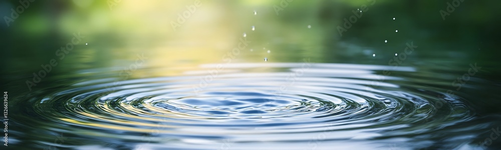 Poster ripples spreading across a tranquil water surface with soft light in the background.