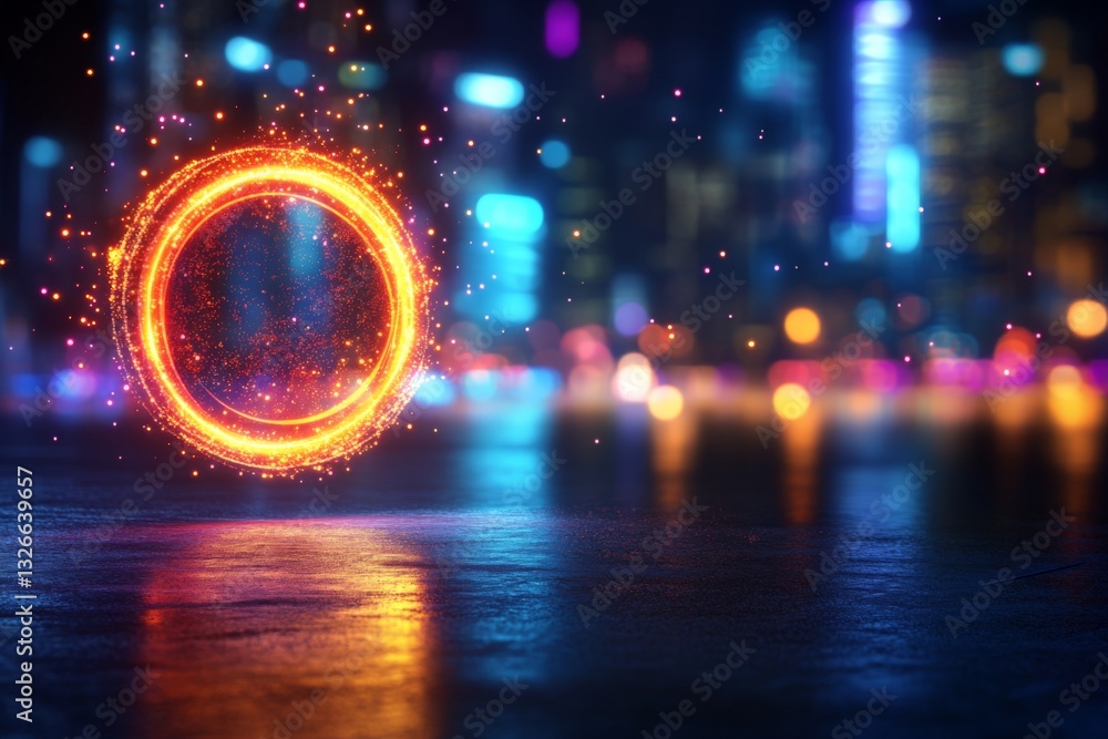 Aufkleber dynamic glowing circular pattern at night in a vibrant cityscape with colorful lights reflected on a