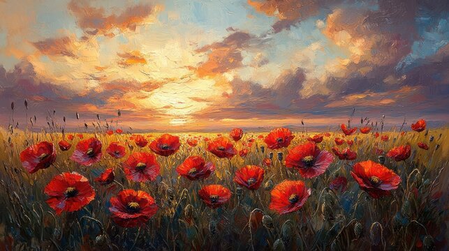 Vibrant Red Poppies Field Under Dramatic Sky in Post-Impressionism Style
