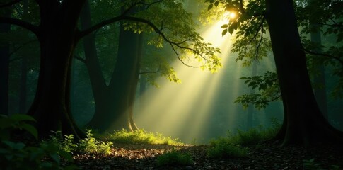 Hedera with sun rays filtering through the dark forest canopy, nature, shadows, sunlight