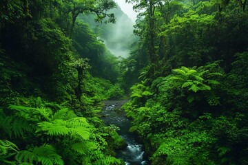 Obraz premium Lush tropical rainforest with dense vegetation and a serene river in the heart of nature during early morning mist