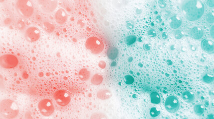 Abstract macro close-up revealing colorful foam bubbles, creating a textured background with a vibrant gradient of red and turquoise hues, evoking freshness and purity
