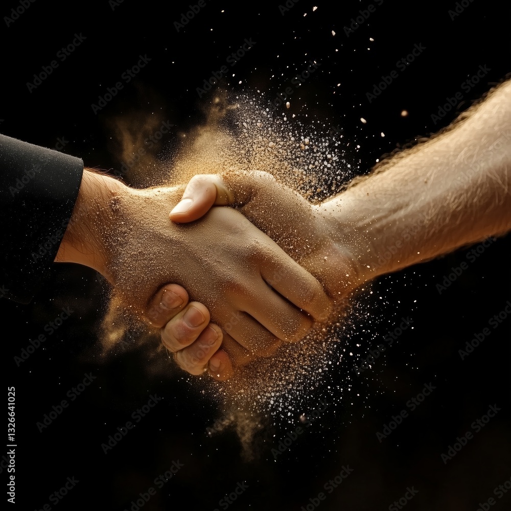 Poster shaking hands with a cloud of dust in a dramatic setting. handshake dissolving into dust, failed bus