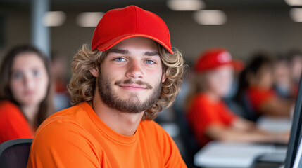 Student engages in collaborative learning at a computer lab while peers work together on projects