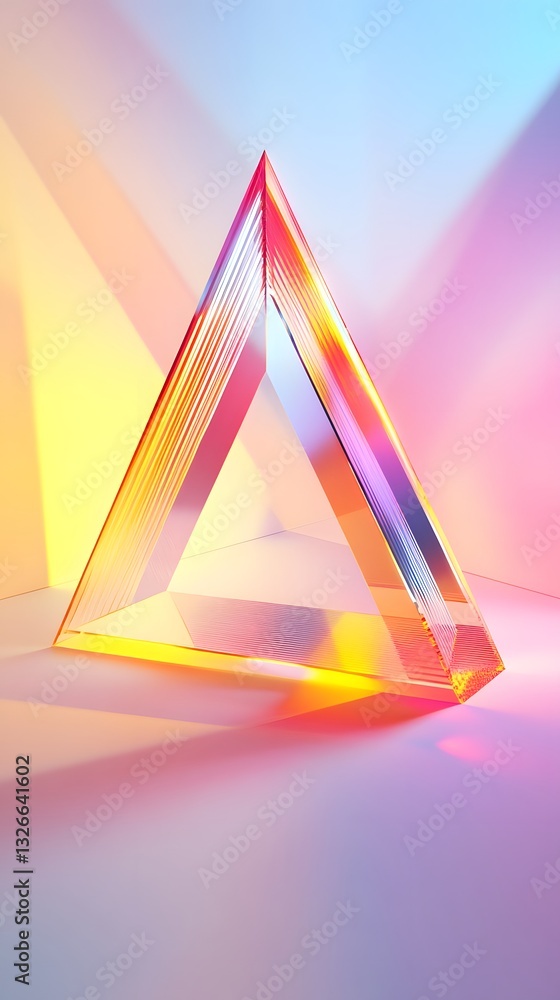 Poster glass transparent pyramid reflecting vivid colors with soft shadows