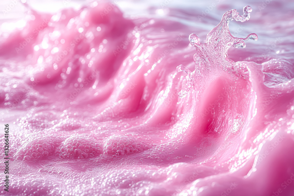 Poster pink foam with pink water splashing out of it. the foam is in the shape of a wave and the water is c
