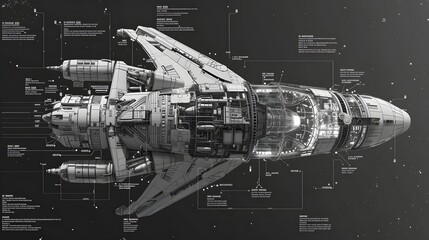 A futuristic space ship with a lot of detail on it. The ship is a model of a spaceship that is designed to travel through space.