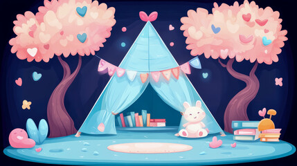 Dreamy Playtime: Cozy Tent Amongst Heart-Adorned Trees, Promoting Imagination and Comfort