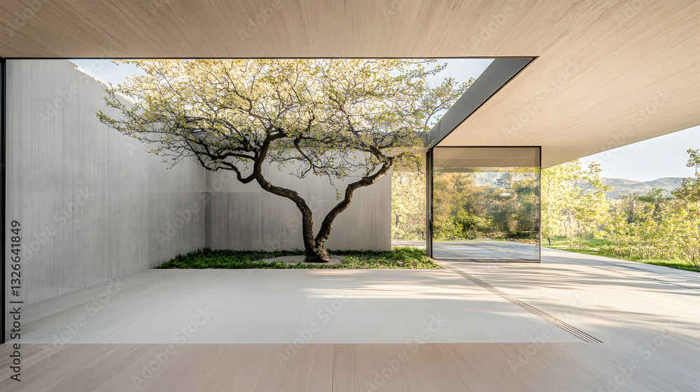 Poster a serene interior space featuring a blossoming tree, blending nature with modern architectural desig