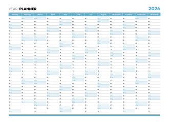 Blank blue 2026 year year planner, wall calendar for monthly and daily agenda. Schedule page journal, stationery calendar, organizer, planner template with twelve months vector illustration