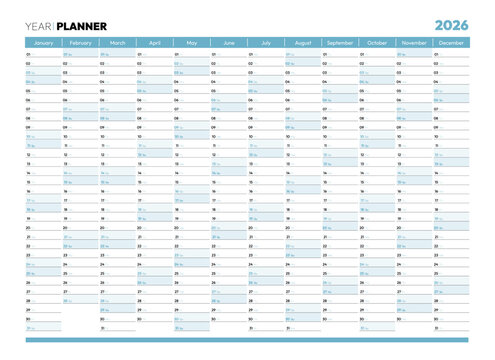 Blank blue 2026 year year planner, wall calendar for monthly and daily agenda. Schedule page journal, stationery calendar, organizer, planner template with twelve months vector illustration