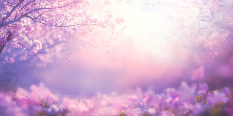 Cherry tree sunshine background template - pink sunny landscape with trees on left and right covered in cherry blossom with space for a spiritual message
